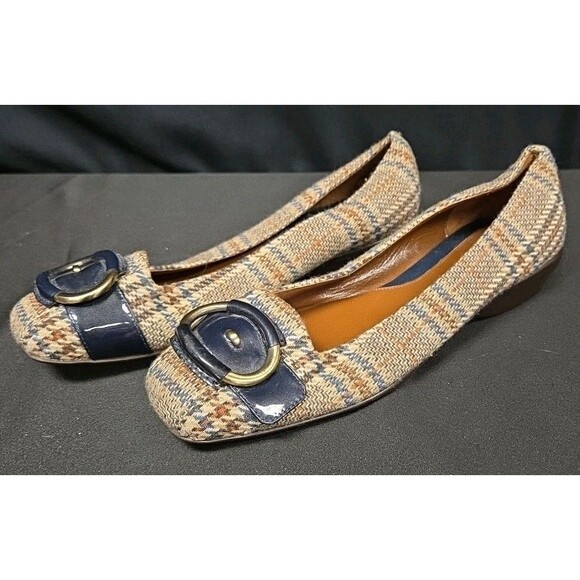 Cole Haan Nke Air Multicolor Tweed Plaid Flats Patent Leather Buckle Sz 8.5 B - Picture 1 of 6